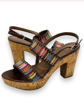 Franco Sarto Fawn Size 8 Cork Heeled Platform Sandals Multicolor Stripes